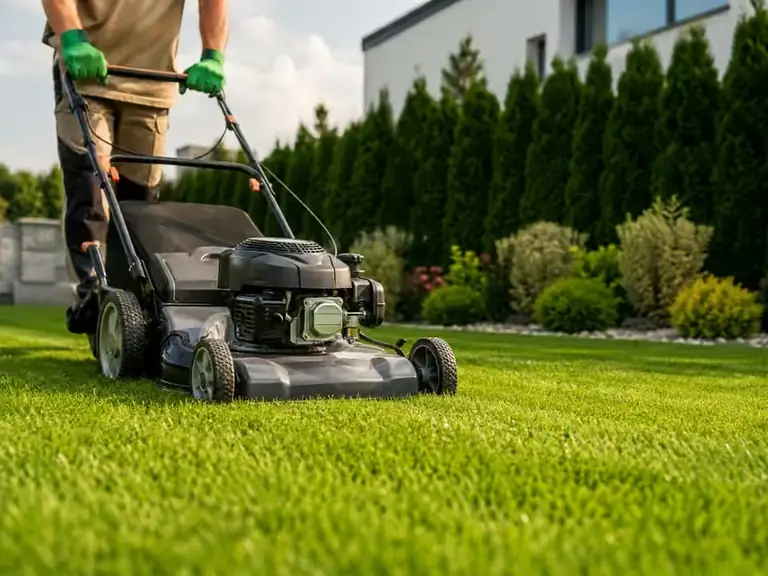 Jardinero realizando corte de pasto con máquina en un jardín bien mantenido