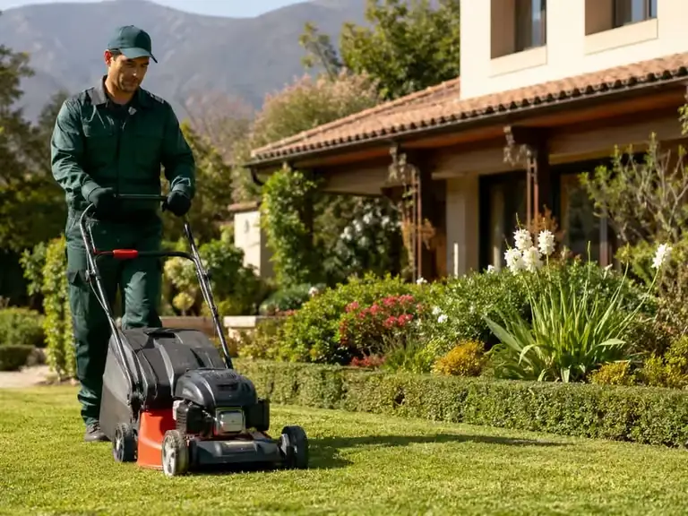 Jardinero realizando mantención general de un jardín residencial con césped y áreas verdes