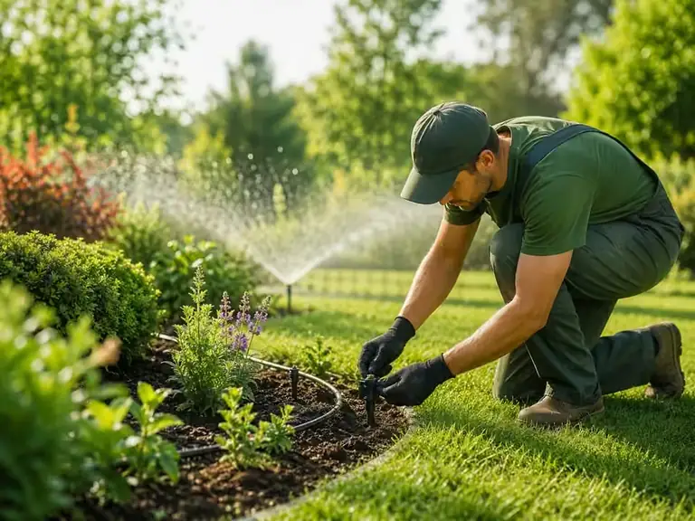 Jardinero revisando y ajustando un sistema de riego en un jardín