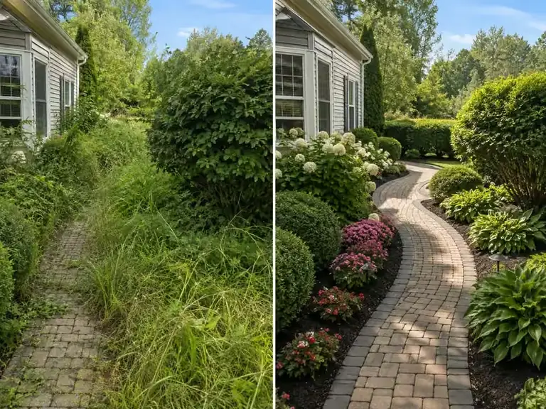 Jardinero realizando una puesta a punto y recuperación de un jardín residencial