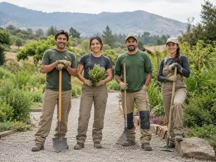 Equipo trabajando en áreas verdes de una propiedad